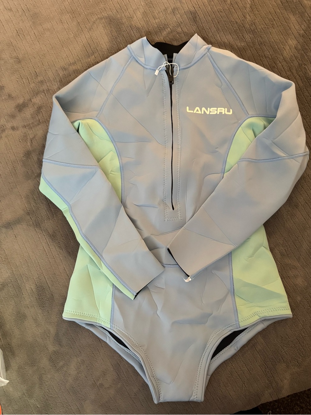 Lansru Women’s One-Piece Long Sleeve Neoprene Swimsuit - Light Blue & Mint